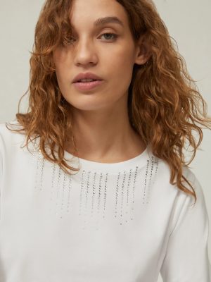 Rhinestone Cotton T-Shirt - White