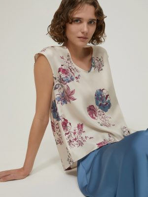Floral Silk Twill Top - Vanilla