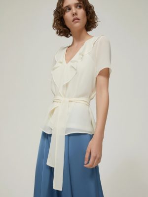 Georgette Blouse with Flounce - White