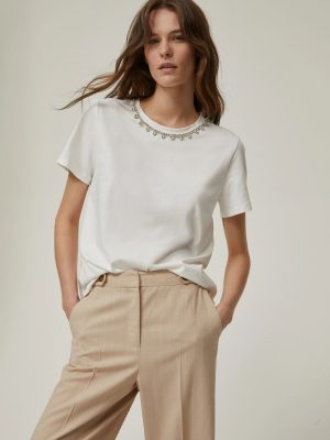 Cotton T-Shirt with Rhinestones - White