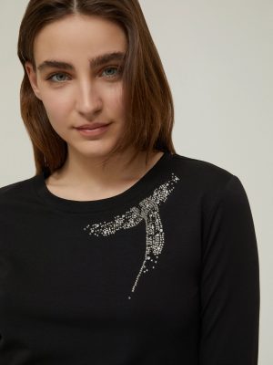 Rhinestone Cotton T-Shirt - Black