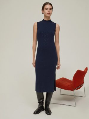 Knit Dress with Microstud Detail in Navy