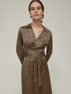 Patterned Satin Midi Dress in Camel