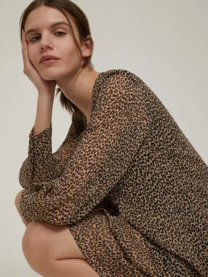 Spotted Crepon Dress in Camel