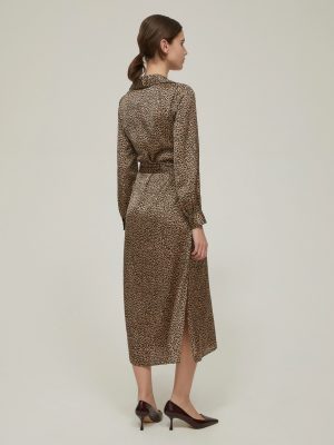 Patterned Satin Midi Dress in Camel