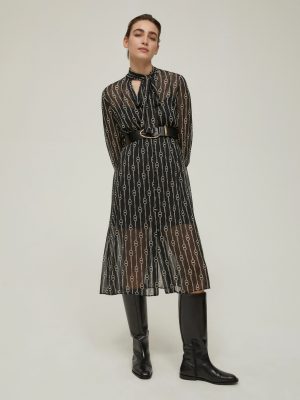 Patterned Crepon Shirt Dress in Black