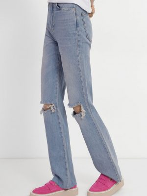 High-Rise Flare Jeans with Ripped Knees - Light Blue