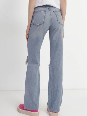 High-Rise Flare Jeans with Ripped Knees - Light Blue