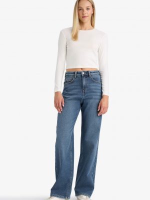 Relax Fit High Waist Straight Leg Jeans - Mid Blue