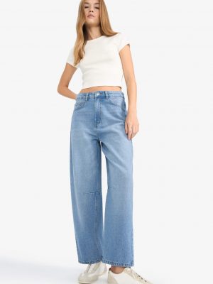 Regular Hem Denim High Waist Trousers - Mid Blue