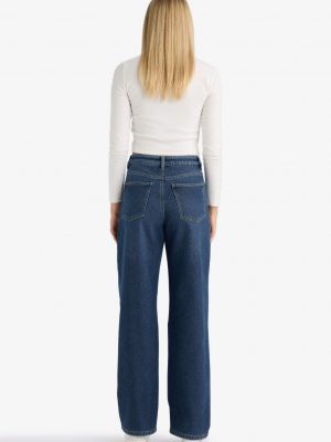 Relax Fit High Waist Straight Leg Long Jeans - Dark Blue