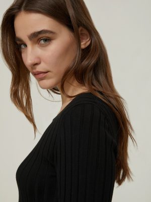 Midnight Rib-Knit & Crepon Mixed-Media Dress