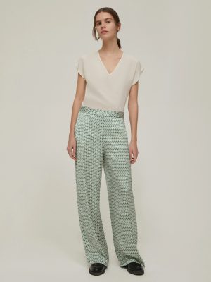 Azure Botanical Printed Satin Wide-Leg Trousers